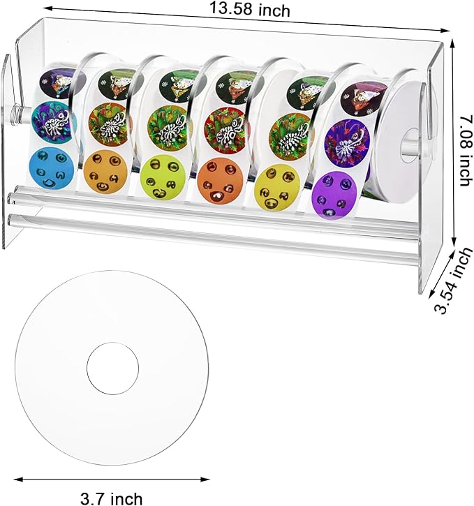 Lawei Adjustable Label Dispenser, 9 Disks Acrylic Sticker Dispenser Sticker Roll Holder, Clear Label Sticker Holder Organizer, Sticker Stand Label Holders for Office Home Desktop - Image 2