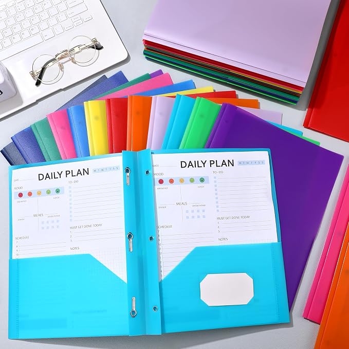 Cholemy 168 Packs Pocket Folders with Prongs Heavy Duty Plastic Folder with Business Card Slot 3 Prong Fasteners for School Office (Bright) - Image 5