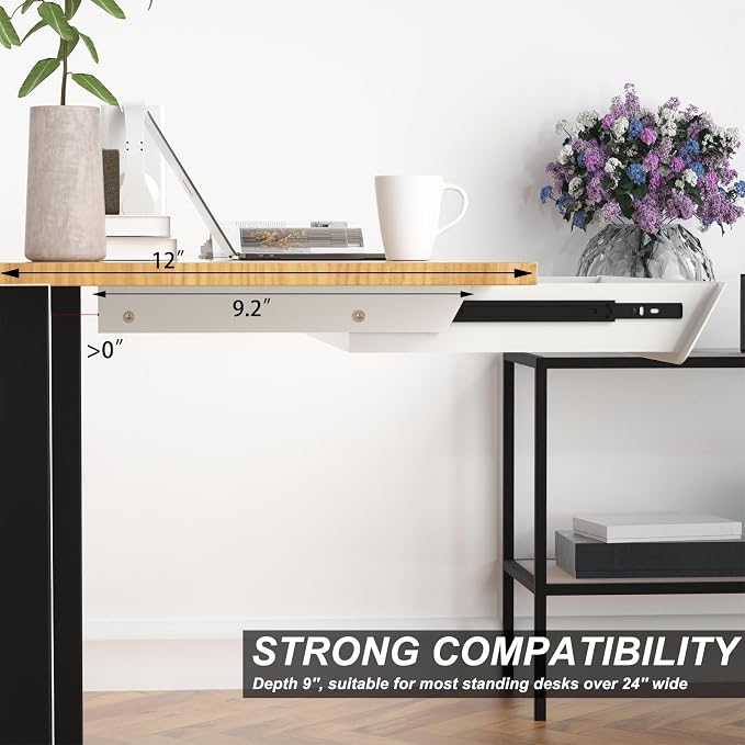 White Large Under Desk Mounted Sliding Drawer with 2 Cable Hole and 60 Degree Tilt Panel to Pull Out, 22.4'' Long & 9.2'' deep Large Storage Organizer for Sit Stand Workstation - Image 6