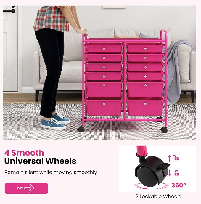 COSTWAY 12-Drawer Rolling Storage Cart, Moveable Art Craft Organizer | Lockable Wheels, Metal Shelf, Files Arrangement Tools Makeup Storage Cart for Office, Home, School (Hot Pink) - Image 4