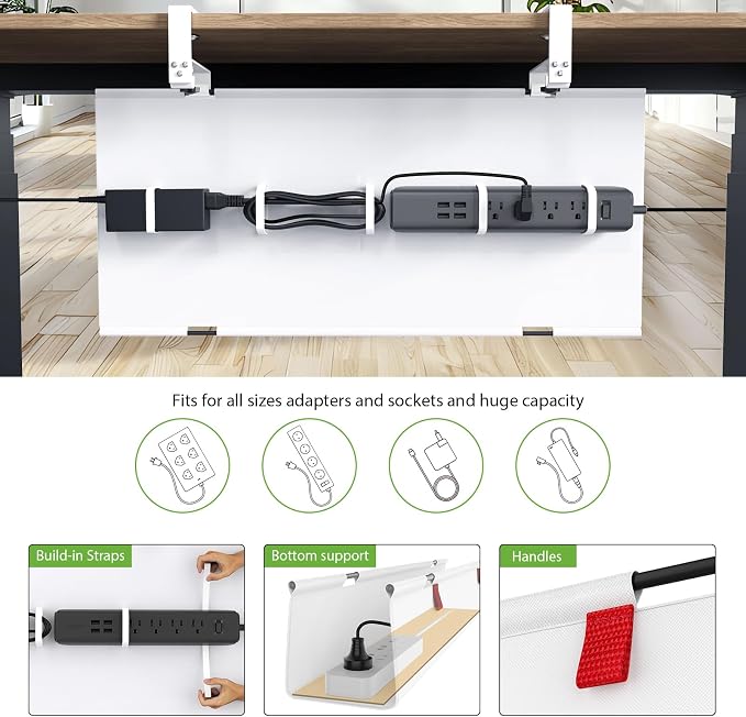 KEEGH Large No Drill Under Desk Cable Management Tray 36 in, White | Clamp/Screw Mount, Supports Up to 70lbs, Fabric Wire Management Gaming/PC Cable Raceways, Cord Hiders for Office/Home - Image 2