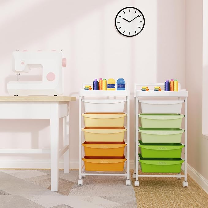 5 Drawers Plastic Rolling Storage Cart with Wheels, Teacher Supply | Orange, 32 inch, Skinny, Craft Art Organizer, Utility Cart, Home Office Bedroom Dorm Classroom Supply - Image 7