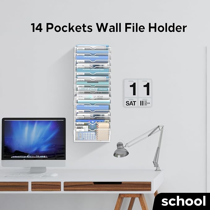 14-Tier Wall File Organizer and Hanging File Organizer, White | Wall Organizer and Wall Mounted File Holder with 14 Pockets and Label Panels for Files, Mail, Folders, Magazines and Paper - Image 5