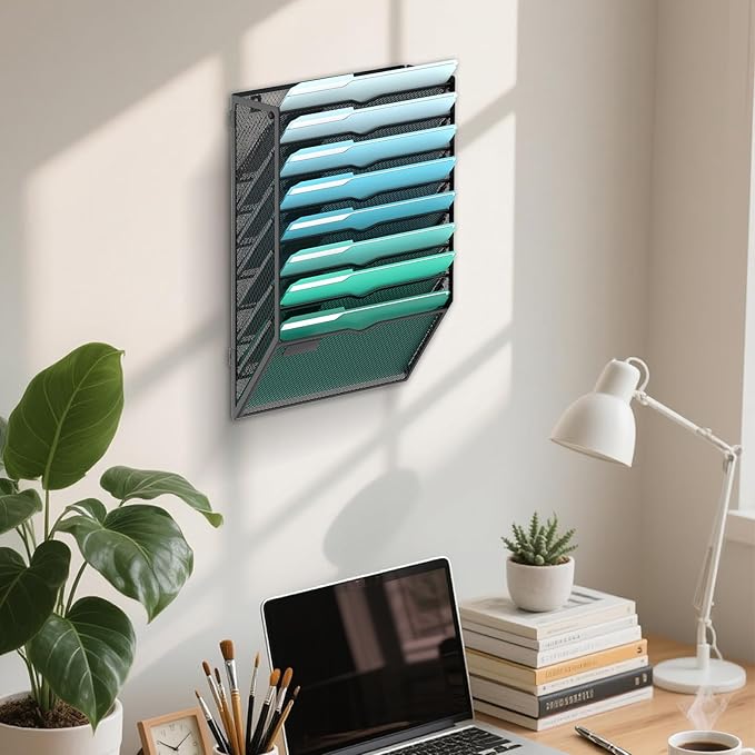 8-Tier Wall File Organizer, Wall Mounted Mail Sorter, 2 Pack | Metal Mesh Hanging File Organizer with Open Compartments and Label Panels for Papers and Folders at Home, Office or School - Image 6