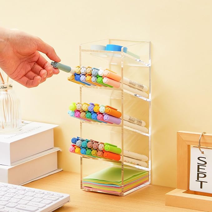 MotiMind Acrylic Pen Organizer Storage for 50 Markers Vertical Marker Organizer Acrylic Pen Display Holder for Office Desk Desktop Stationery Pencil Storage, Clear, 3.4 x 4 x 10.2 Inch - Image 4