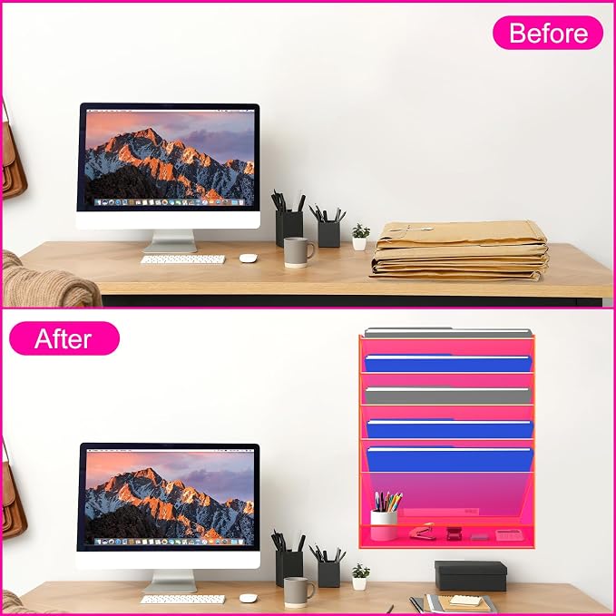 Gelite Hanging File Organizer Acrylic Wall File Holder for Office Vertical Paper Organizer Wall Mounted Magazine Rack, 5 Pockets, Neon Pink - Image 7