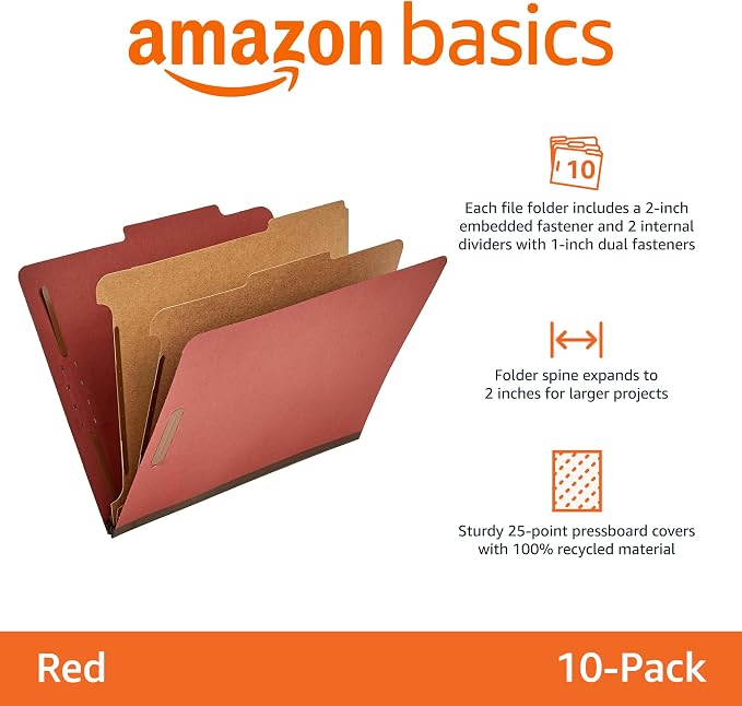 Amazon Basics Classification Folder with Prongs, Pressboard, 2 Dividers, 2-Inch Expansion, Letter Size, Red, Pack of 10, for Organizing Documents - Image 2