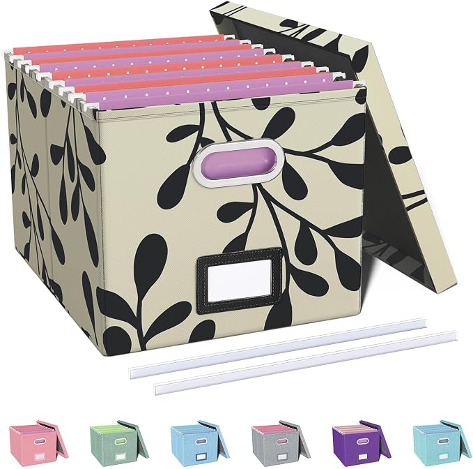 File Organizer with Lid, File Box, File Cabinet for Letter File Folder Storage, Hanging File Organizer for Office/Decor/Home,Document Organizer, 1 Pack,Leaf Black/Cream-Box Only by Oterri