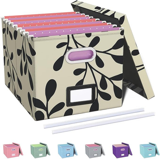 File Organizer with Lid, File Box, File Cabinet for Letter File Folder Storage, Hanging File Organizer for Office/Decor/Home,Document Organizer, 1 Pack,Leaf Black/Cream-Box Only by Oterri