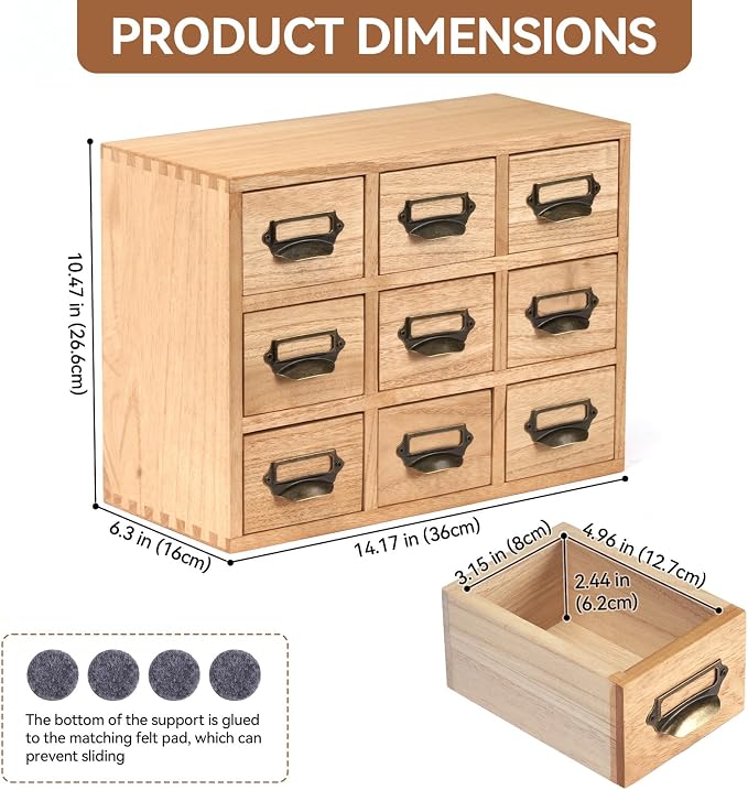 KIRIGEN Wooden Desk Organizer with 9 Drawers, Storage Cabinet, Natural | Solid Wood Desktop Organizer with Metal Label Handles for Office Supplies, Crafts, Tea Bags, Makeup, Fully Assembled - Image 3