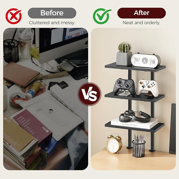 MAHANCRIS Clamp On Desk Organizer, 3-Tier Desktop Bookshelf, Adjustable Desk Storage Shelf, Metal Frame, for Office, Study and Game Room, Black DSBK3601 - Image 7