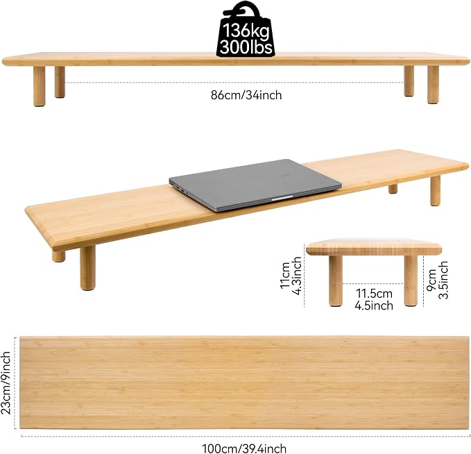 Bamboo Dual Monitor Stand Riser, Natural Desk Shelf with Storage | 39.37-Inch Wide, 3.5-Inch Clearance, Fits Keyboards, Soundbars and Two 24-Inch Monitors for Home Office - Image 6