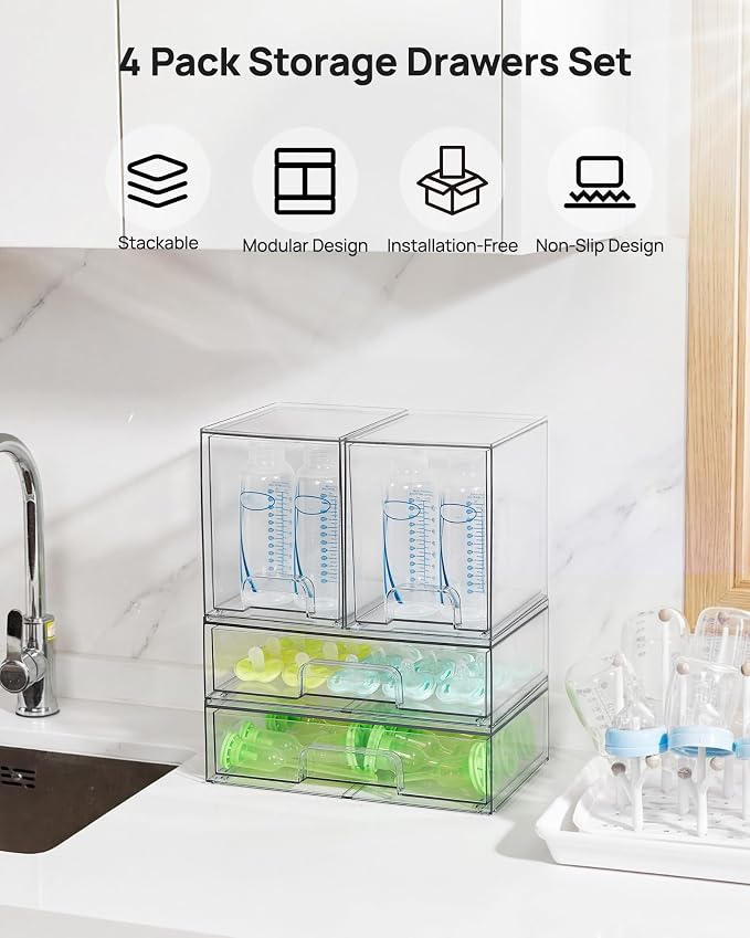 Vtopmart Clear Stackable Storage Drawers Set of 4, Plastic Organizer Bins for Makeup, Cosmetics, Beauty Supplies,Ideal for Vanity, Bathroom,Cabinet,Pantry Organization - Image 3