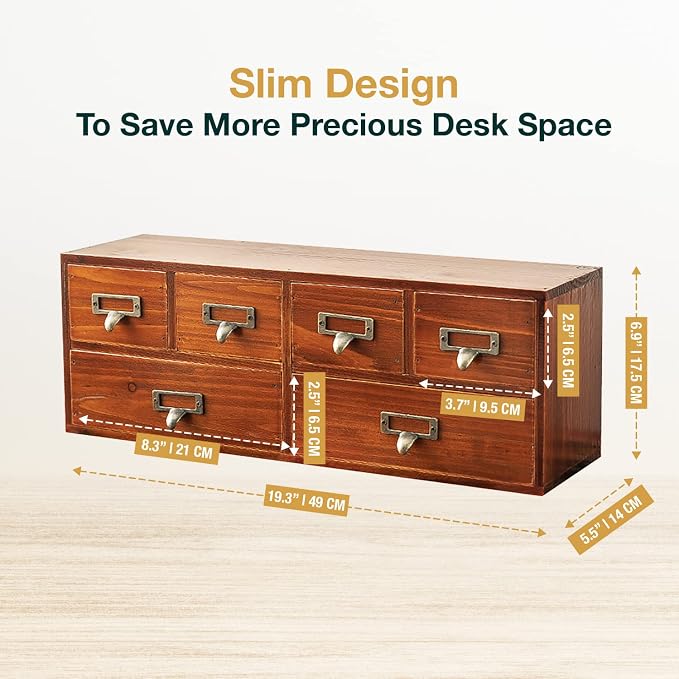 6-Drawer Vintage Desk Organizer Classic Brown Wood Storage Drawers for Tabletop - Slim Retro Style Desktop Organizing Cabinet with 6 Drawers - Office Study Table Wood Storage Box Organizer, 1-pack - Image 2