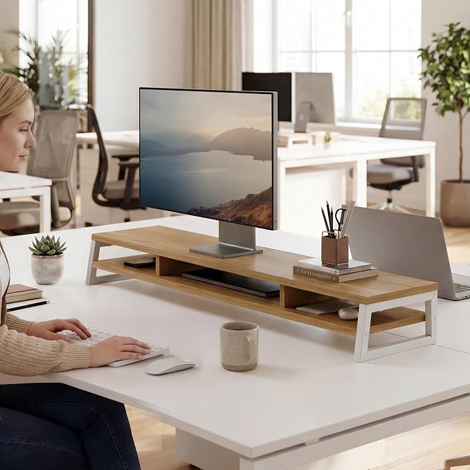 Fenge Dual Monitor Riser for Desk, Open Shelf with 3 Storage Compartments | 42.5in Computer Monitor Stand, 2-Tier Desk Shelf for Top of Desk,One-Piece Panel, fit Ultrawide Monitor, PC, Laptop, Dark Oak - Image 2