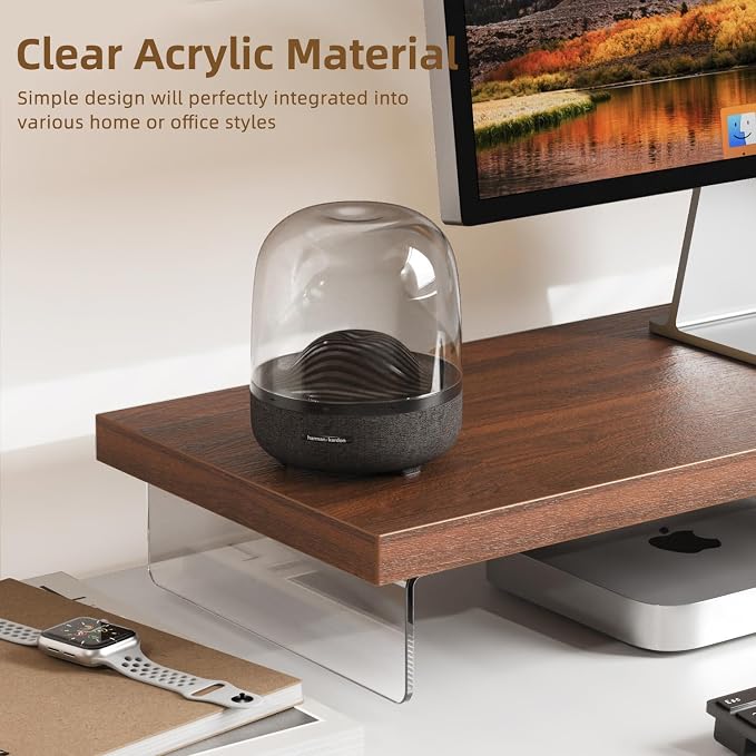 Dual Monitor Stand Riser, 40x10 in Wood & Acrylic Desktop Organizer Shelf | Computer Monitor Stand Riser With Wood & Acrylic Design; Fits 2 Monitors, Laptop, Printer And Desk Supplies For Office Use. - Image 2