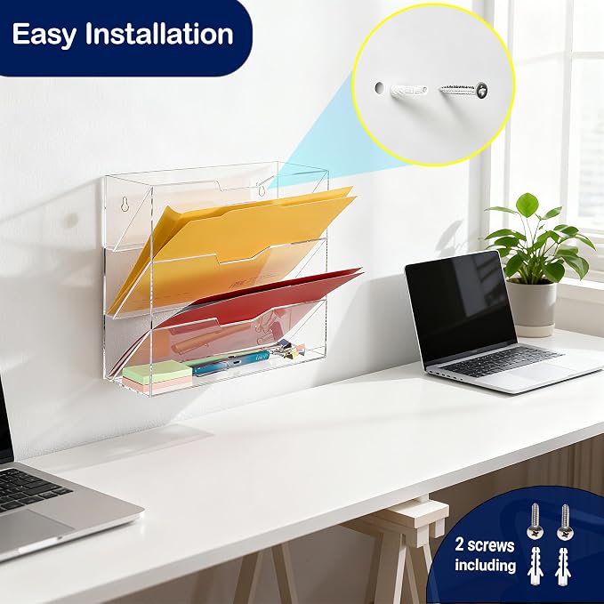 Hanging Wall File Organizer with 4 Pocket Tier - Acrylic Vertical Mail File Folder Holder Wall Mount Mail Magazine Rack with Bottom Tray for Office Home Countertop, Clear - Image 5