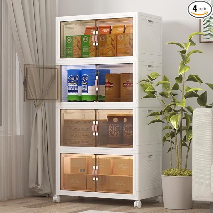 Stackable Storage Bins with Lids, 480QT Closet Organizers and Storage Cabinet with Doors & Wheels, Lockable Plastic Foldable Drawers for Bedroom Dorm Office Garage（120QT*4,White） by UAMFURIDirect