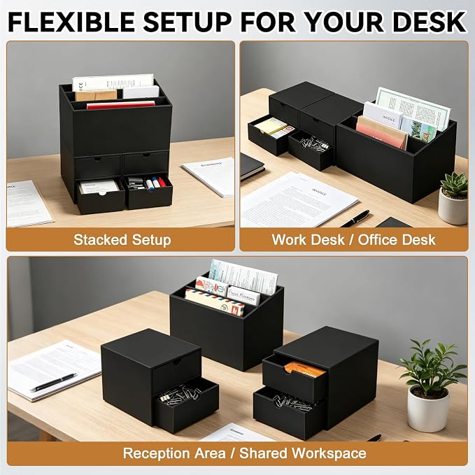 2 Sets Desktop Mail Organizer with Drawers, 3-Compartment Stepped Mail Sorter and 2-Drawer Storage Box for Bills, Letters, Envelopes, Papers, Home Office, Reception, Entryway and Mailroom - Image 4