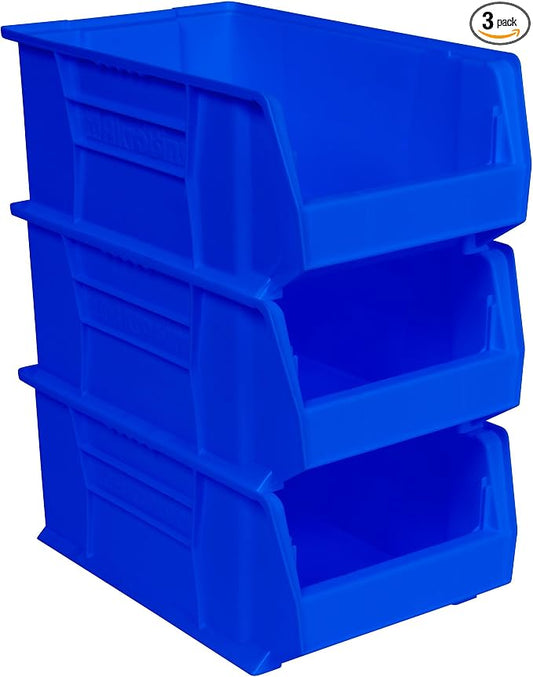 Akro-Mils 30281 Super-Size AkroBins Plastic Storage Bins, Space-Saving Stackable Bins for Garage, Classroom, Warehouse Organization, 20" L x 12" W x 8" H, Blue, 3-Pack by Akro-Mils
