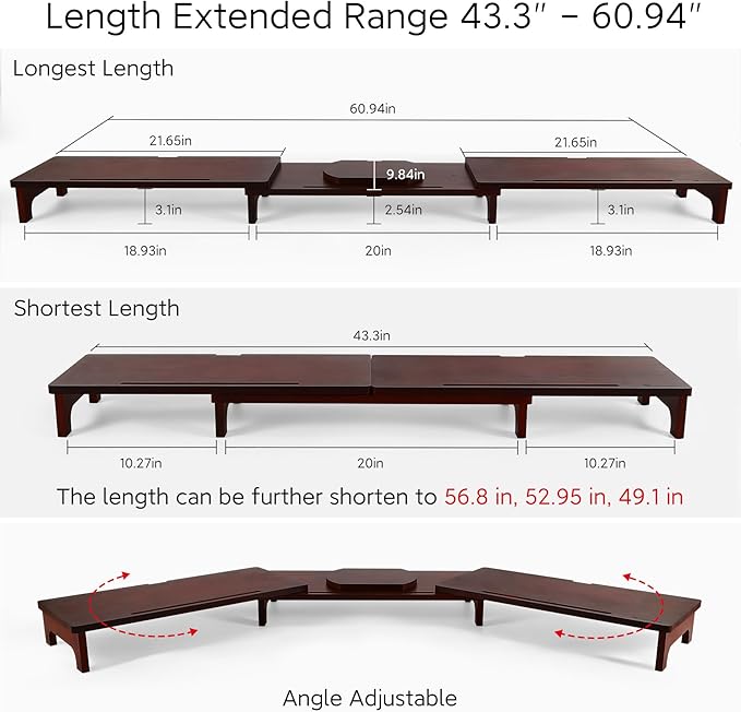 Nnewvante Dual Monitor Riser, 60 inch Bamboo Monitor Stand for Desk, Walnut | Adjustable Length Angle, 3 Shelves Desktop Screen Riser, For Computer Laptop PC - Image 4