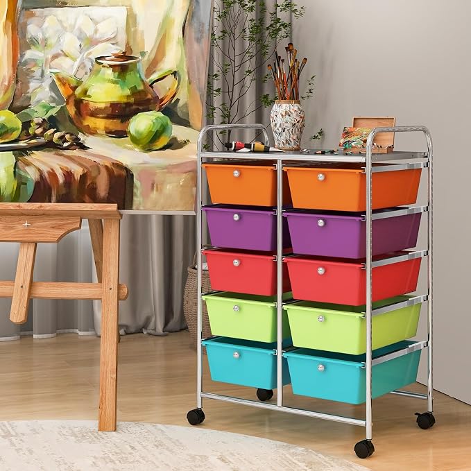 COSTWAY 10 Drawer Rolling Storage Cart, Utility Cart with Lockable Wheels | Mobile Art Supply Craft Organizer with Metal Frame, Multipurpose Drawer Cart for Paper for Office, School, Multi-color - Image 9