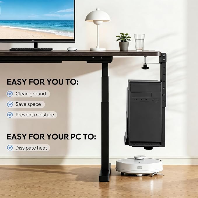Adjustable Under Desk PC Mount, Heavy Duty No Drilling Clamp Mount on Desk Fits Most PC Tower 14.5”-22.4” (H) , Thickened & Ultra Strong CPU Holder for Standing Desk & Home Office, Black - Image 6