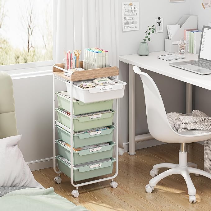 Rolling Craft Storage Cart with 6 Drawers, Art Cart,Green | Utility Cart with Wooden Top, for Craft Room, Kids Art Station, Sewing Storage, Space-Saving for Home Office & Bedroom - Image 3