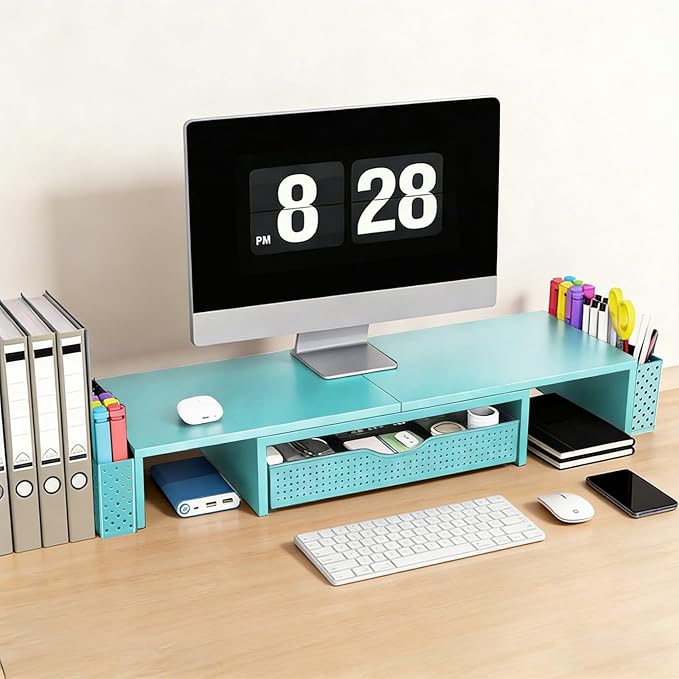Spacrea Metal Desk Organizers and Accessories, Dual Monitor Stand Riser with Drawer and 2 Pen Holders, Desk Accessories & Workspace Desktop Organizers for Office Supplies (Blue) - Image 2