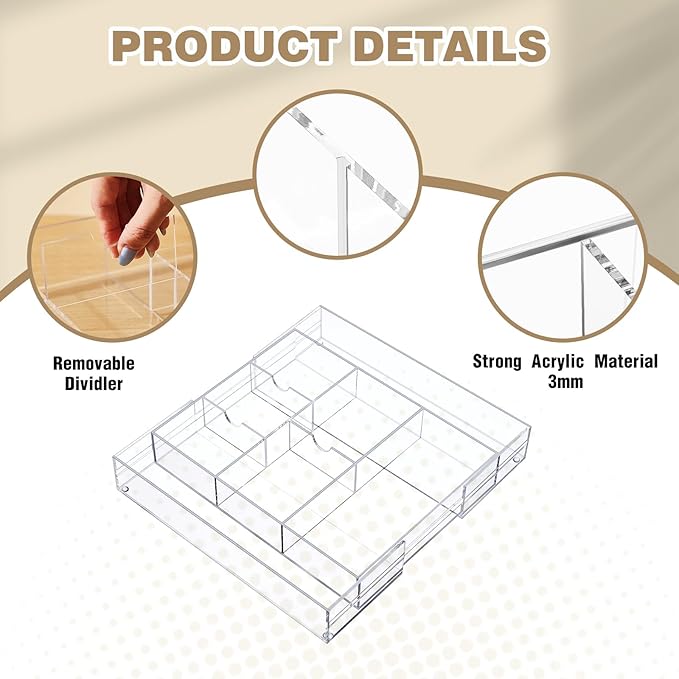 Briwooody Clear Acrylic Drawer Organizer Expandable,8 Compartments,Large | 9'' up to 18'' x 12'' x 2.1'' Desk Drawer Organizer Trays Adjustable with Desk Accessories for Makeup Office Bathroom - Image 3
