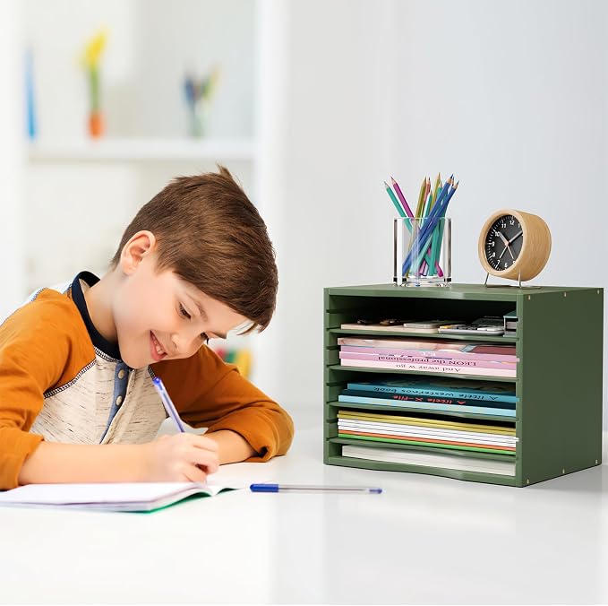 Bamjoy Bamboo 5 Tier Desktop Organizer, Paper Organizer Mail Sorter, File Holder Letter Document Storage with Adjustable Shelves for School Home Office, Forest Green - Image 6