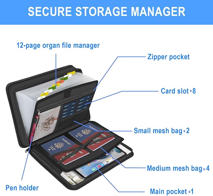 Accordion File Organizer with Lock and Shoulder Straps,Fireproof Waterproof Document Organizer Folder with Handle, Portable Large Capacity File Holder for Home Office School - Image 6