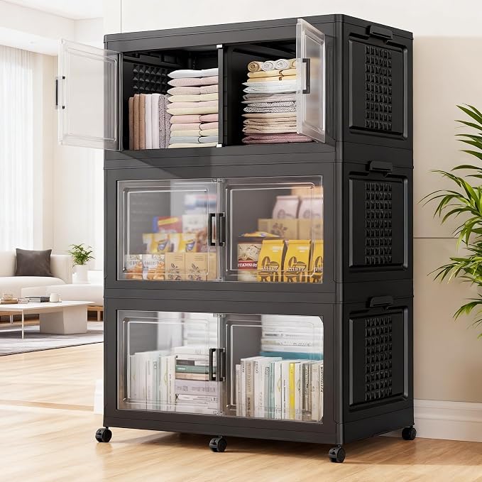 BROVIEW 600 Qt Stackable Storage Bins Foldable Cabinet, V40 Black 3-Pack | Extra Large Collapsible Storage Bins with Lid Doors Wheels Dividers, Closet Organizers and Storage Drawer for Home Office by BROVIEW-EnjoytheArtofLife
