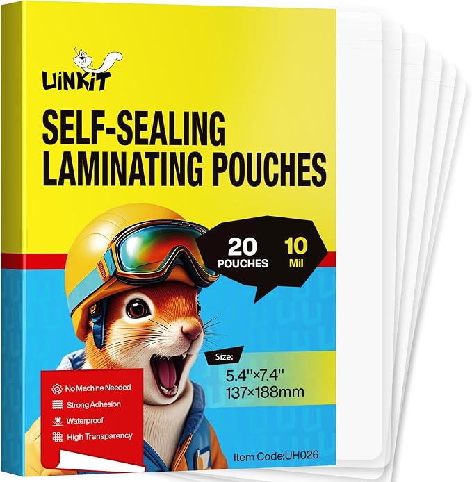 Uinkit 10Mil Thicker Self Sealing Photo Laminating Pouches 5" x7", 20Pack Double-Sided for Recipe Cards & Photos, Waterproof Plastic Sleeves to Preserve Pictures, Index Flashcards by UinkitHandicraftsandConservationSpecialist