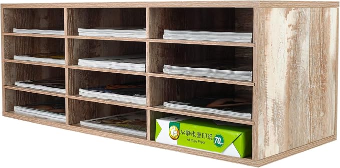 Mail Sorter Wood Countertop Literature Organizer, Student Mailbox for Classroom, Desktop Bill Paper Holder Rack for Office Home School, 12 Compartments, Retro White by PAG