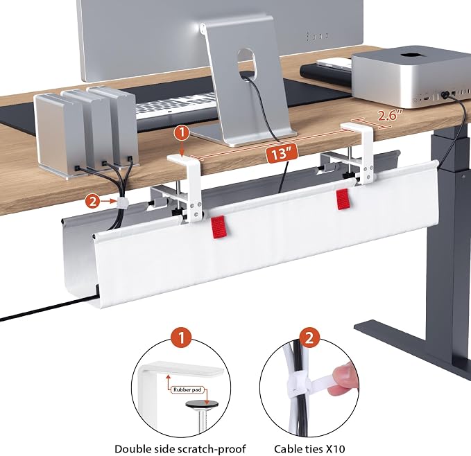 Univivi No Drill Under Desk Cable Management Tray, 28 inch Cable Management | Clamp/Screw Mount Cable Management Desk, Premium Fabric Cable Management Box, Various Sizes Wire Management for Office, Home - Image 3
