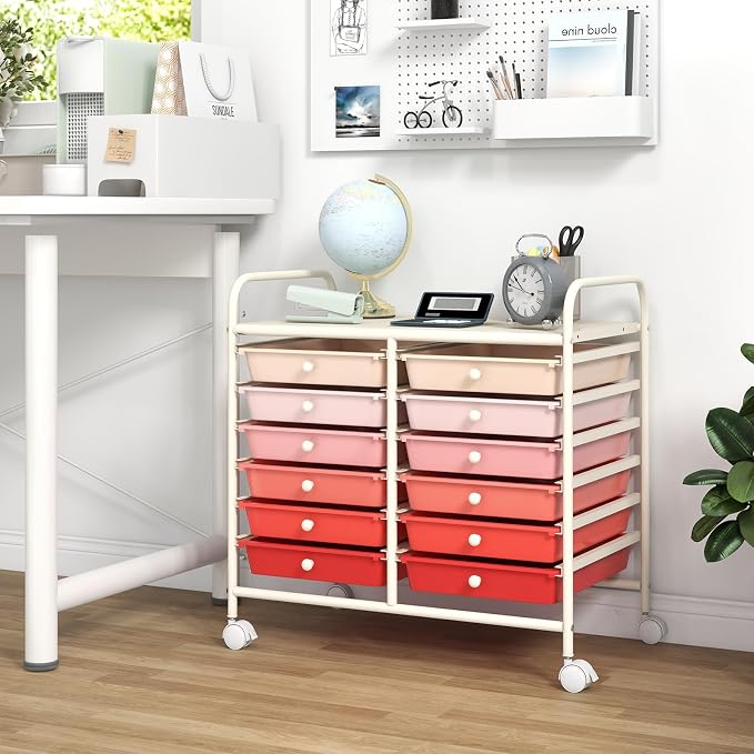 GOFLAME 12-Drawer Rolling Storage Cart, Multifunctional Art Craft Organizer Cart, Mobile Utility Storage Cart with Removable Drawers & Lockable Wheels, Craft Cart for Home Office School, Pink Gradient - Image 4