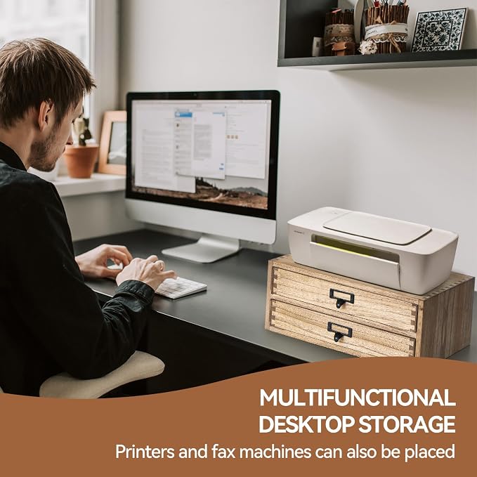 KIRIGEN Solid Wood Desk Organizer with 2 Drawers, Desktop Storage, Brown | 2-Drawer Cabinet for Printer Paper, Mail, Notebooks, and Office Supplies, 13.78 x 10.6 x 5.9 In, Fully Assembled - Image 6