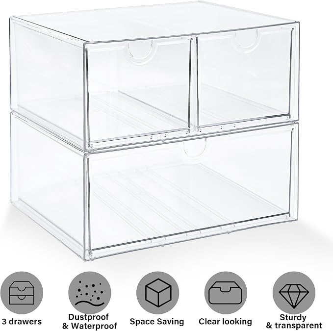 Prsildan Acrylic Drawer Makeup Organizer with 3 Drawers, Clear Stackable Storage for Baby Bottles, Craft, Jewelry & Hair Accessories, Multi-Use for Vanity, Countertop, Office Desk Organization - Image 7