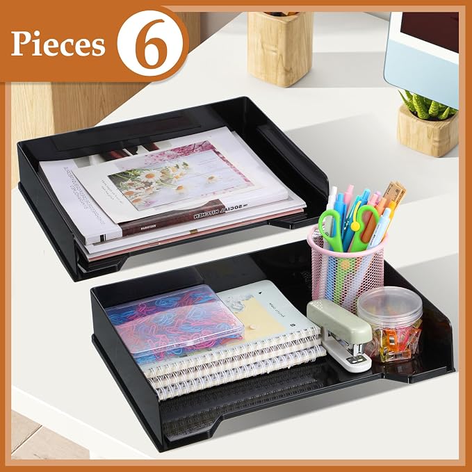 DoubleFill 6 Pcs Stackable Letter Tray Rectangular Plastic Desk Organizer 13 x 9.5 x 2.6 in Paper Holder File Tray Accessories Rack for Desktop Office Desk Drawers (Black) - Image 2