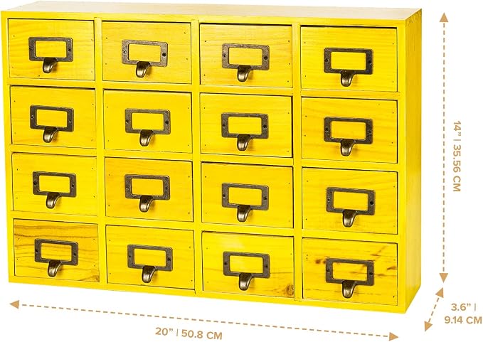 Yellow 16-Slot Wooden Drawer Unit - Country Style Desk Organizer - 20"x3.6”x14” Wooden Storage Box w/ 16 Drawers - Countertop Drawers w/Label Holder & Handle - Slim 4-Level Desk Organizer - Image 2
