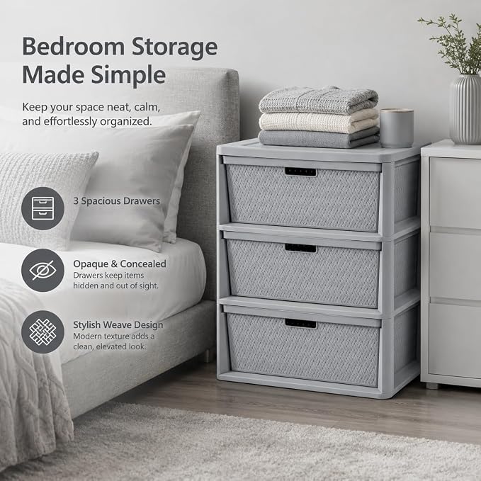 3-Drawer Storage Tower, Gray Woven Plastic Organizer with Pull Handles - Image 4