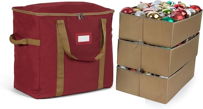 Covermates Keepsakes Adjustable Ornament Storage Bag – Heavy-Duty Polyester, Padded Dividers & FlexGrid Trays – Protective Holiday Ornament Organizer with Handles & Label Window, Red by Covermates
