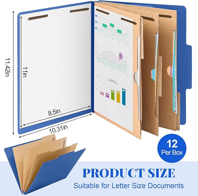 Skyygemm 12 Pcs Classification Folders 3 Pocket Dividers Letter Size Employee File Folder with 2 Prong Fasteners 2 in Expansion Pressboard Medical Document Organizers Bulk for School Office(Dark Blue) - Image 2