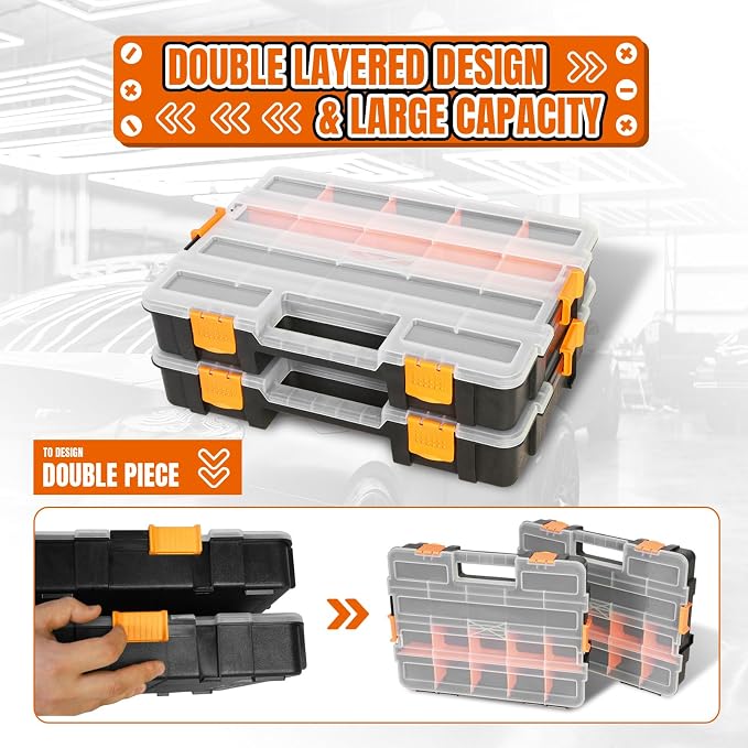 Jack Boss Tool Box with Transparent Lid, Single Side 17-Compartments Organizer Box with Removable Dividers for Hardware, Screws, Bolts, Nails, Beads, Jewelry and Fishing Accessories, Orange, 2 Pack - Image 6