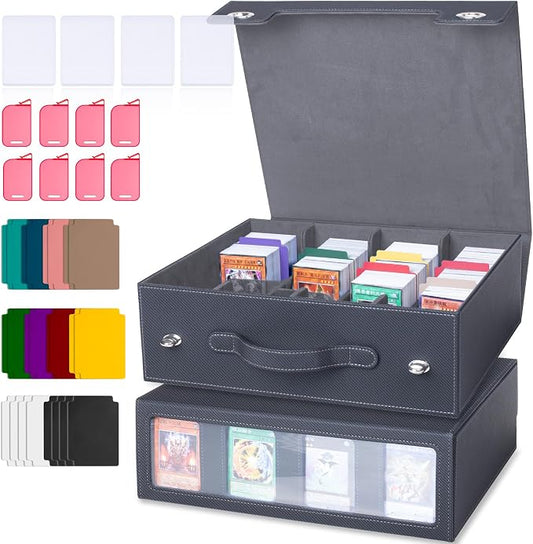 4-Row 3000+ Trading Card Storage Box for MTG, Card Deck Box with Snap-fit Design, 4 Card Sleeves, 8 Stoppers, 24 Dividers (4-Rows Black-Grey) by Sesmez