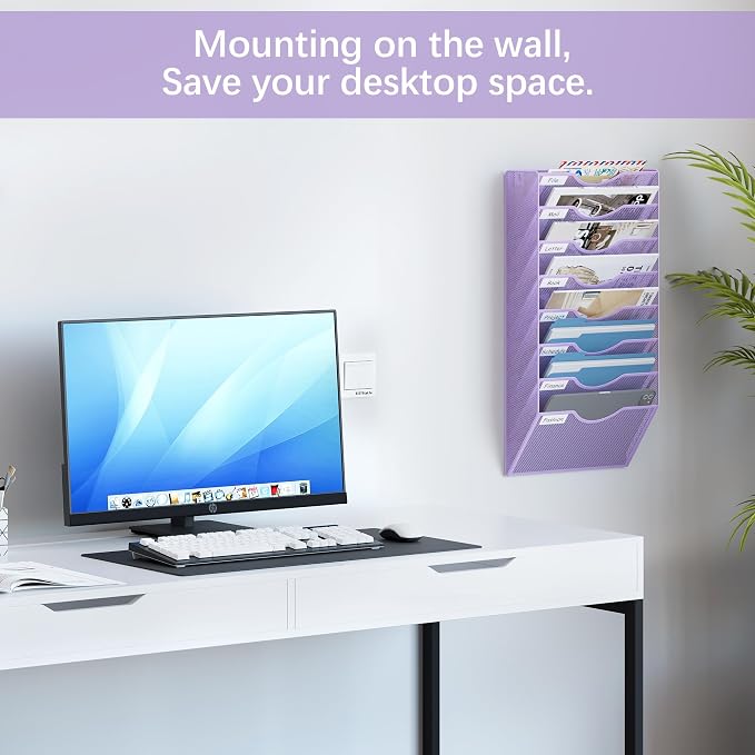 EasyPAG 8 Pocket Mesh Wall File Organizer, Hanging Paper Folder Holder with Classify Label, Vertical Wall Mount Mail Organizer for Office Home Classroom, Purple - Image 2