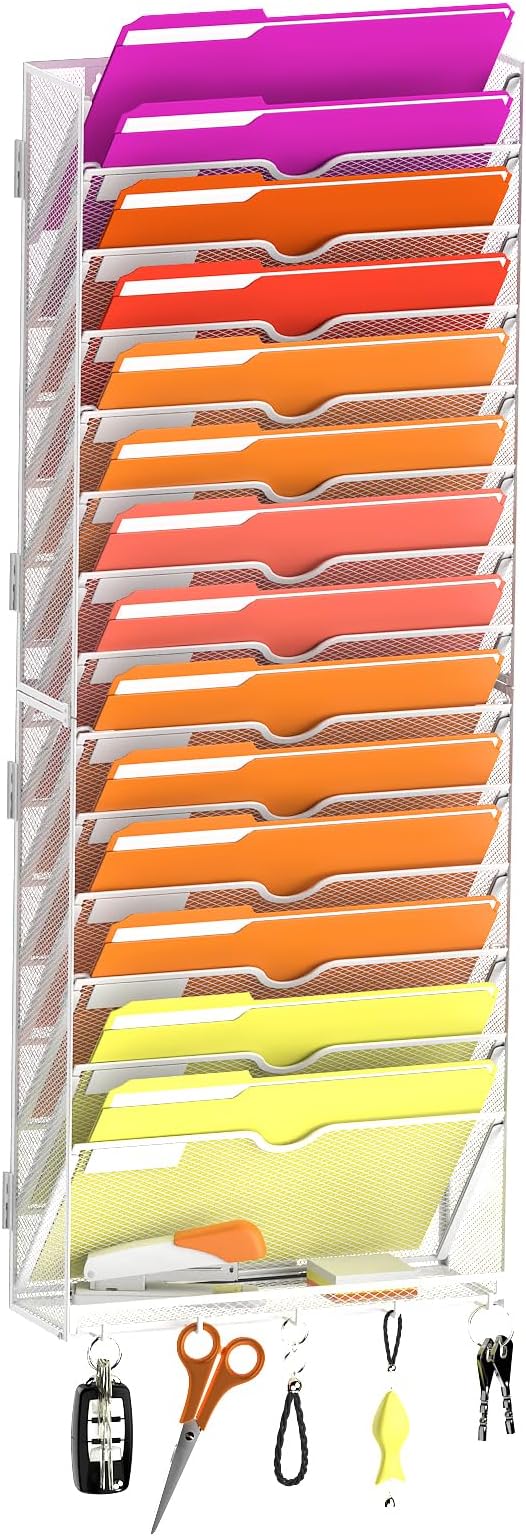 15-Tier Wall File Organizer with Base and Hooks, Hanging Organizer, White | Wall Organizer and Wall File Holder with 15 Vertical Pockets and Bottom Tray for Files, Mail, Folders, Magazines and Paper by JMHUD