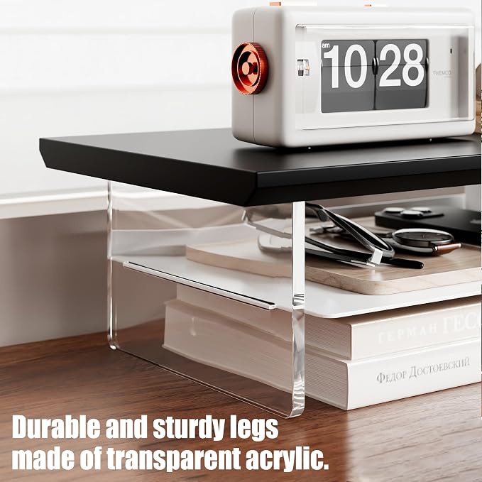 FENSULN Dual‑Tier Monitor Stand for Modern Desk Setup – Minimalist Wooden and Metal Riser Shelf with Transparent Acrylic Feet for Dual Monitors, Laptops, Home Office Aesthetic，Black and White - Image 4