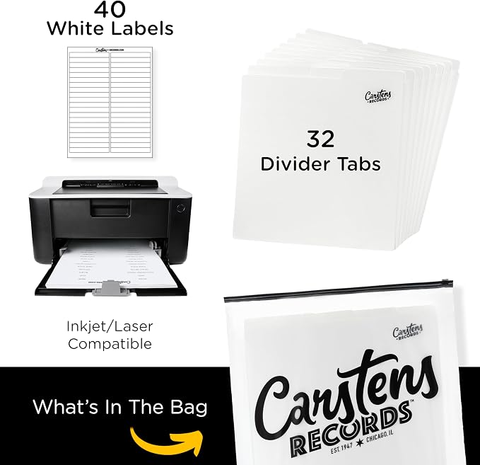 Carstens Records Heavy Duty Vinyl Album Dividers | 12" LP Organizers with Tabs | Pack of 32 White | Made in The USA | Personalizable - Image 4